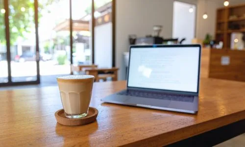 Laptop showing an SEO analytics dashboard next to a latte on a wooden café table